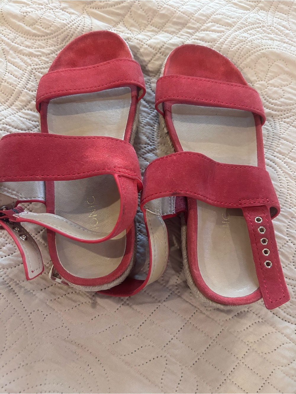 Vionic Lonny Red Suede Adjustable Strap Sandals. Espadrille